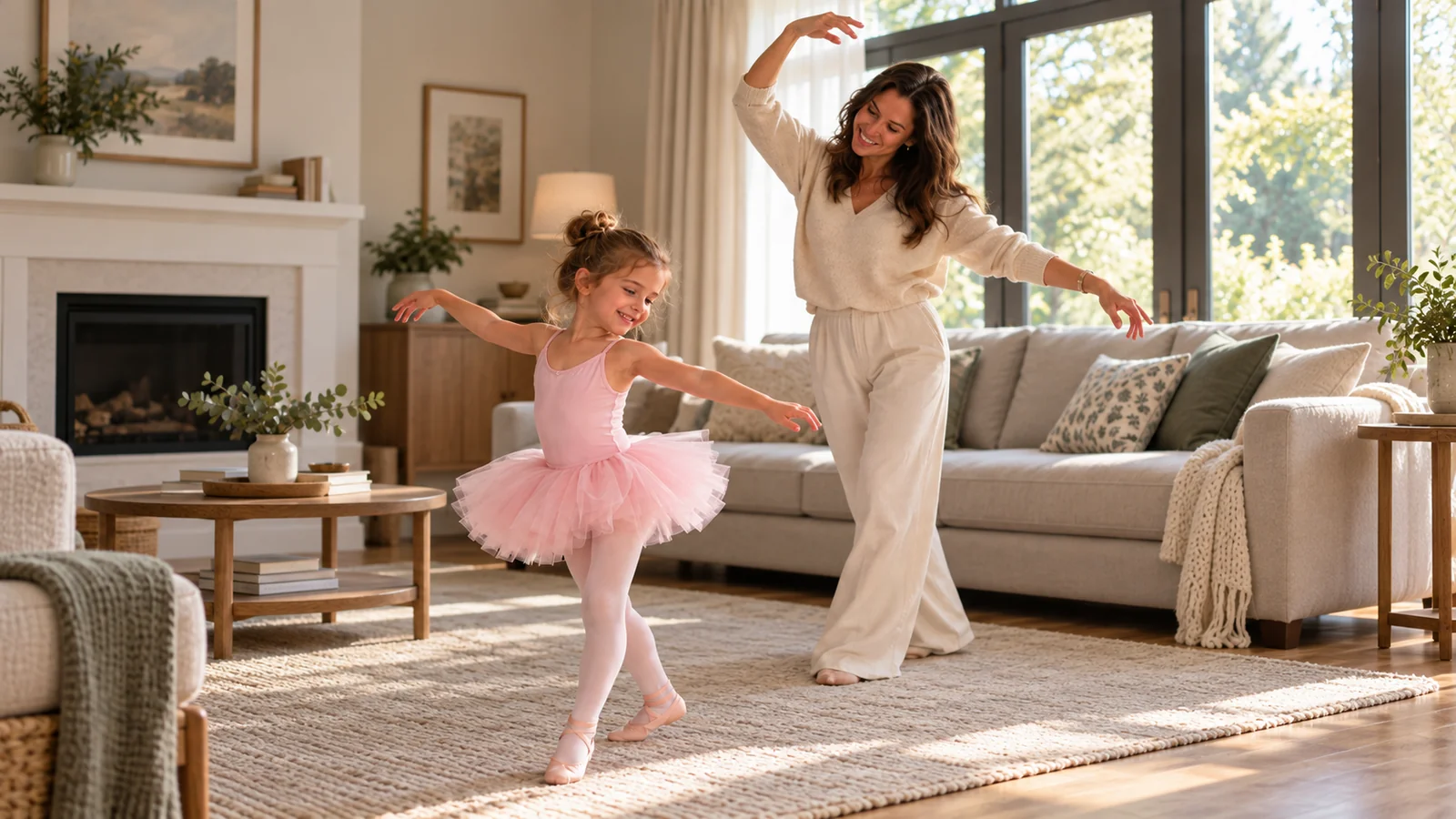 Uma menina dançando ballet na sala de casa com a mãe dançando junto